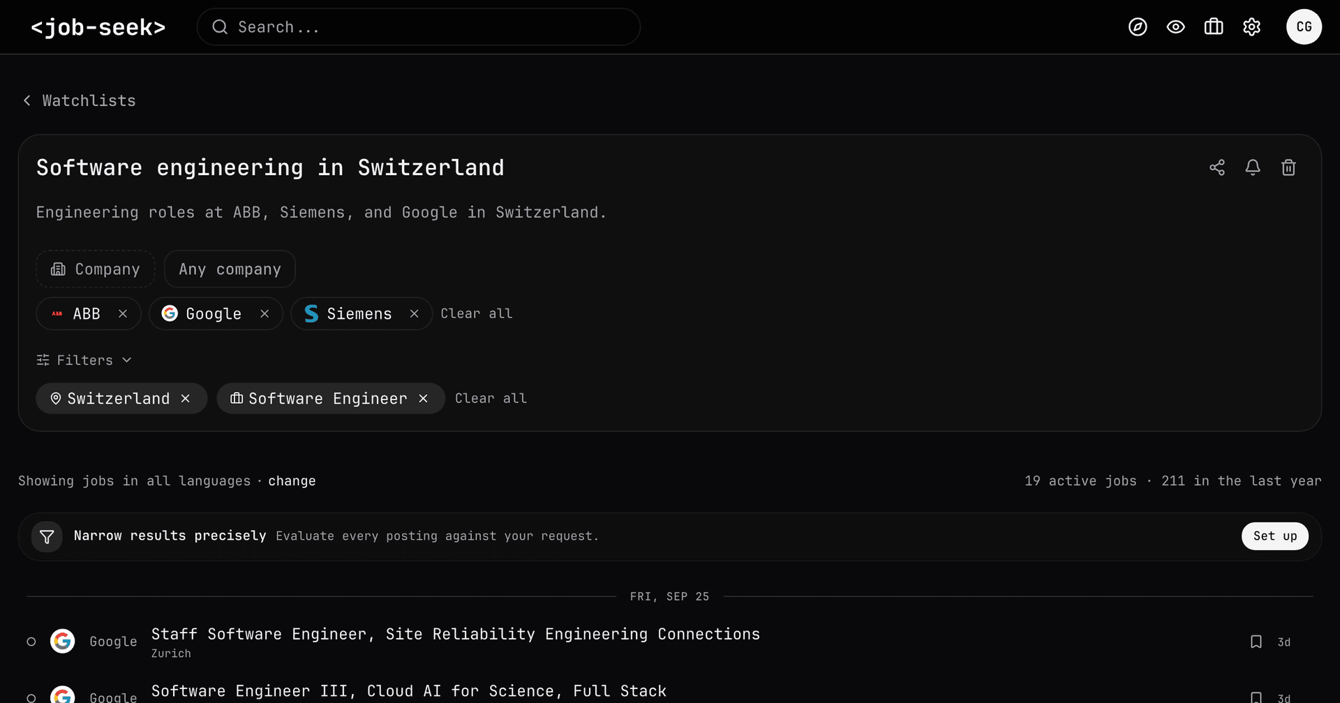 Job Seek watchlist showing curated robotics engineering roles in Zurich